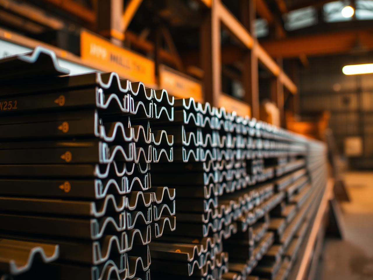 Precisely cut and labeled cold-formed steel studs stacked in a fabrication shop