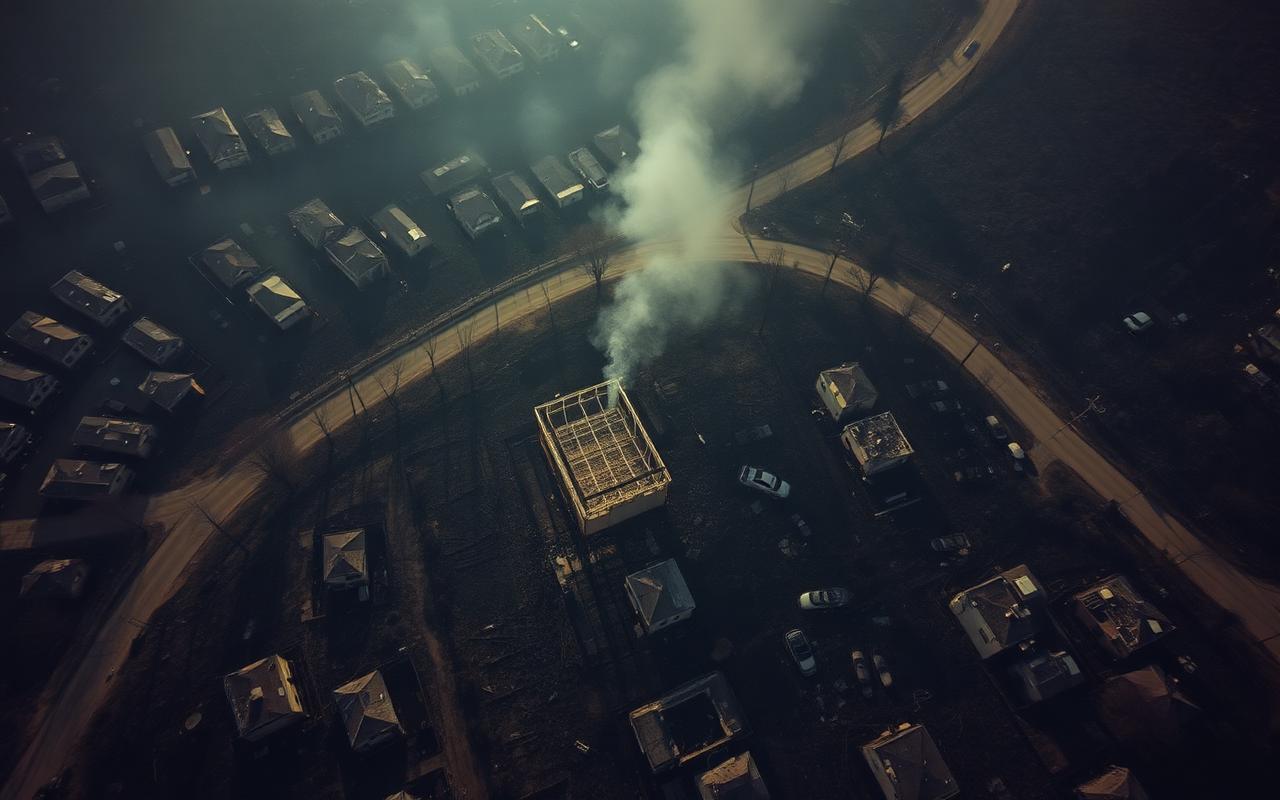 Aerial view of a burned neighborhood with a single steel-framed home intact